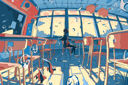 Anime-style 4K Ultra HD wallpaper of an original classroom scene with chairs and floating fish, viewed through large windows with vibrant sunlight.
