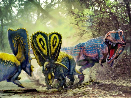 HD PC desktop wallpaper featuring vibrant, detailed dinosaurs in a lush, prehistoric forest setting with sunlight filtering through the trees.