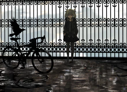 Anime-style original artwork of a girl standing by a fence with a bicycle and a crow perched nearby, rendered in 4K Ultra HD as a PC desktop wallpaper.