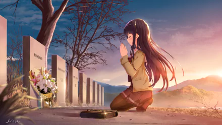 Anime-style HD desktop wallpaper featuring a girl with long black hair praying at a gravesite during a serene sunset.