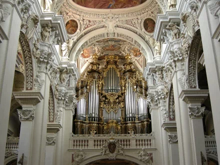 HD desktop wallpaper showcasing the intricate organ and ornate interior of St. Stephen's Cathedral, highlighting its religious and architectural grandeur.