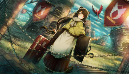 brown hair heterochromia long hair Inui Toko Nijisanji phoenix suitcase Anime Virtual Youtuber HD Desktop Wallpaper | Background Image