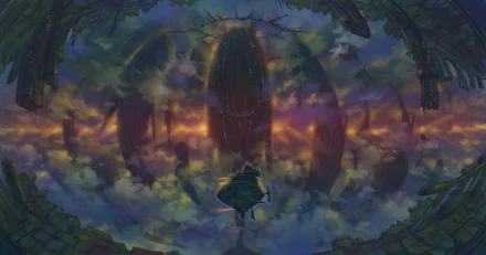 A dramatic anime-style 4K wallpaper featuring a whale silhouetted against a vibrant sunset with clouds, blending original art and stunning colors for a PC desktop background.