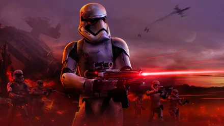 HD PC desktop wallpaper featuring a detailed stormtrooper armed and ready in a dramatic Star Wars sci-fi battle scene with fiery skies and laser fire.