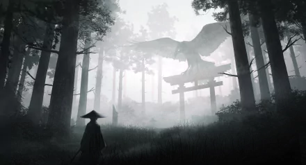 Anime-style 4K Ultra HD desktop wallpaper of a mysterious figure in a misty forest with towering trees and a large crow flying near a traditional torii gate.