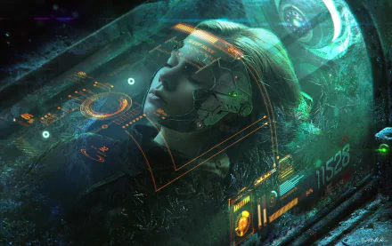 HD PC desktop wallpaper featuring a sci-fi cyborg woman with glowing digital interfaces and futuristic technology surrounding her in a dark, immersive setting.