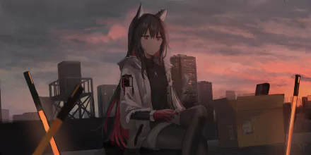 HD PC wallpaper featuring Texas from Arknights with long hair and animal ears, smoking against a sunset cityscape background.
