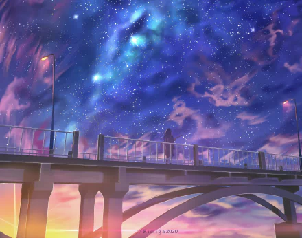 Anime-style 4K Ultra HD wallpaper featuring a lone figure standing on a bridge beneath a vibrant sunset sky filled with stars.