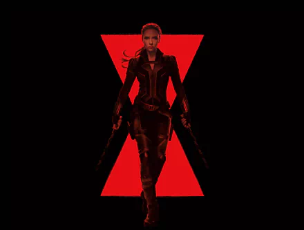 Scarlett Johansson as Natasha Romanoff featured in a Black Widow 4K Ultra HD PC desktop wallpaper with a striking red hourglass symbol background.