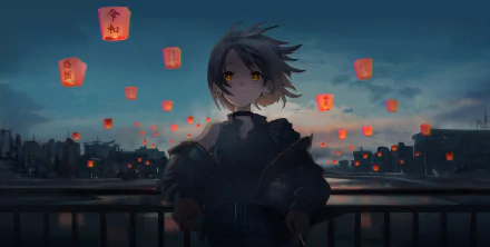Anime character with short hair standing before a scenic view of floating lanterns at dusk, depicted in an HD desktop wallpaper.