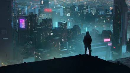 Futuristic sci-fi cityscape at night with neon lights and towering skyscrapers, viewed from a rooftop by a lone figure. 4K Ultra HD PC desktop wallpaper.