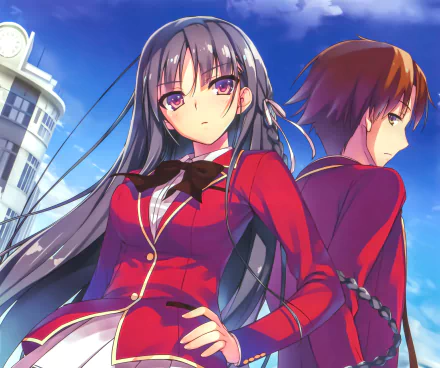 4K Ultra HD anime wallpaper featuring Suzune Horikita and Kiyotaka Ayanokōji from Classroom of the Elite against a bright blue sky backdrop.