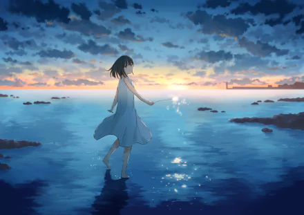 Anime scene of a girl touching the ocean water under a vibrant sunset sky filled with clouds. This HD desktop wallpaper combines elements of the sea, ocean, and sky in a beautiful, original artwork.