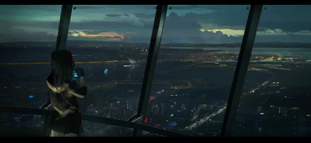 Anime-style HD cityscape viewed from a high vantage point at dusk, featuring glowing lights and a dramatic sky, designed as a PC desktop wallpaper and background.