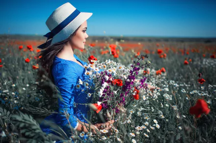 brunette blue dress hat bouquet nature flower summer field woman model HD Desktop Wallpaper | Background Image