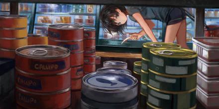 Anime wallpaper featuring an original short-haired, black-haired character in a storage area with stacks of colorful large cans. High-definition image suitable as a desktop background.