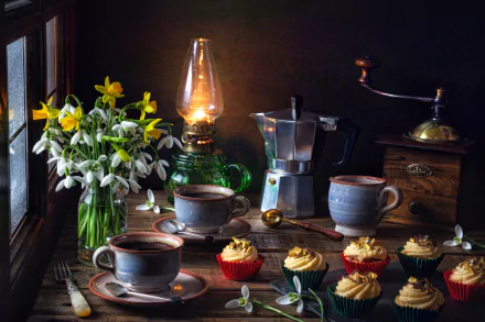 oil lamp drink cupcake cup snowdrop coffee flower photography still life HD Desktop Wallpaper | Background Image