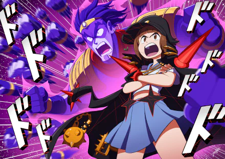 HD desktop wallpaper featuring anime crossover of Ira Gamagoori from Kill La Kill and Mako Mankanshoku with Jojo’s Bizarre Adventure-style dynamic purple background and sound effects.