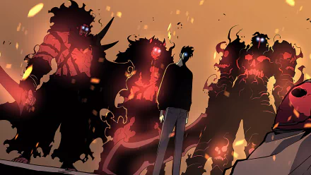 HD wallpaper featuring Sung Jin-Woo facing Shadow High Orcs from the manhwa and anime Solo Leveling, set against a fiery backdrop.