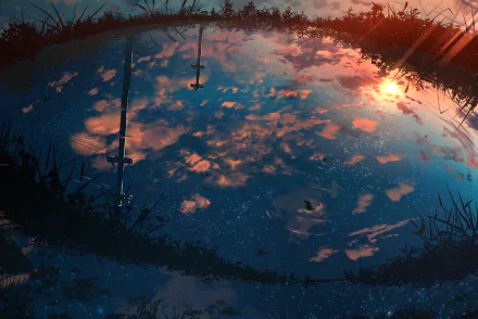 Anime-style illustration of a starry sky and sunset reflected in a water puddle, creating a mesmerizing desktop wallpaper background.