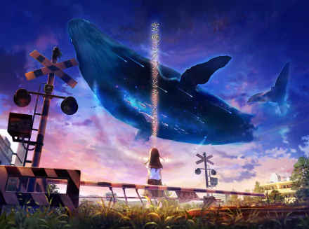 Anime-style HD desktop wallpaper depicting a glowing whale floating in a vibrant sky above a girl standing near railroad crossing signals.