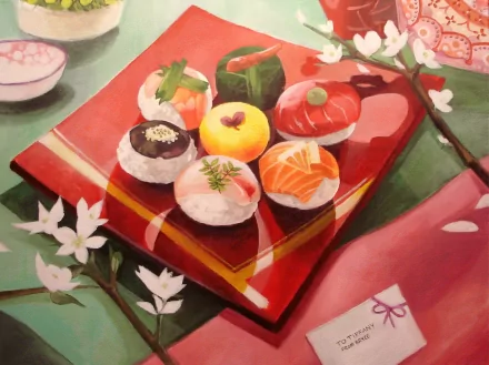 A vibrant painting of assorted sushi arranged on a decorative red plate, surrounded by blossoms, serving as an HD desktop wallpaper and background.