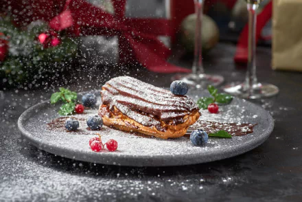  Eclair Dusted w/Powdered Sugar Surrounded with Berries
