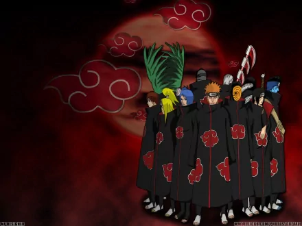 HD anime Naruto desktop wallpaper featuring Akatsuki members standing with the Sharingan eye and red clouds in the background.