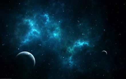 HD Sci-Fi wallpaper featuring a deep space scene with glowing blue nebulae and two distant planets surrounded by stars.