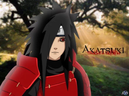 HD desktop wallpaper featuring Madara Uchiha from the anime Naruto, portraying him in red armor with a serene forest background and “Akatsuki” written in the background.