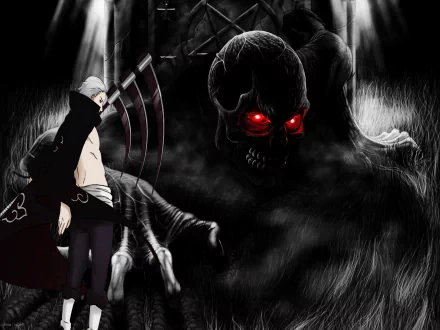 HD desktop wallpaper featuring Hidan from Naruto, with a dark, ominous background and a red-eyed skeletal figure.