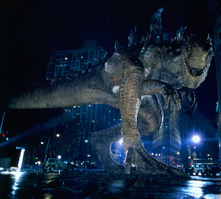 HD PC desktop wallpaper featuring the 1998 TriStar Godzilla monster towering over a cityscape at night with buildings and streetlights illuminated.