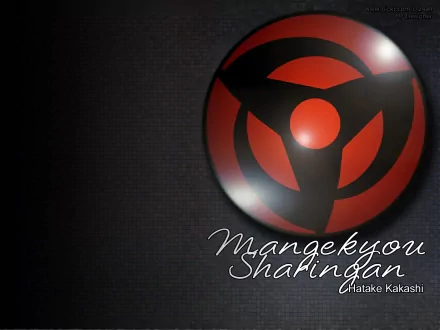 HD desktop wallpaper featuring the Mangekyō Sharingan symbol from the anime Naruto. The design prominently displays the Sharingan on a dark background with stylized text.
