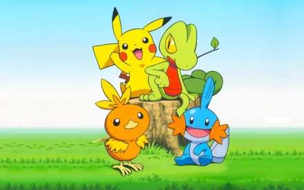 HD desktop wallpaper featuring Pokémon Treecko, Mudkip, Torchic, and Pikachu in a grassy meadow. The vivid image captures the Pokémon in a cheerful and lively scene.