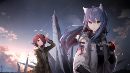 HD Arknights wallpaper featuring Texas with blue hair and animal ears, and Exusiai with red hair, set against a dramatic sky with yellow and red eyes.