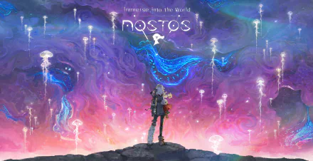 4K Ultra HD desktop wallpaper featuring a character observing glowing jellyfish-like creatures in a vibrant, otherworldly scene from the Nostos video game.