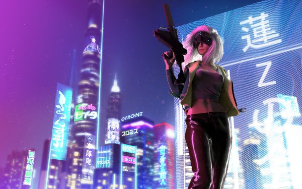 Sci Fi Cyberpunk Weapon Futuristic White Hair Skyscraper HD Wallpaper | Background Image