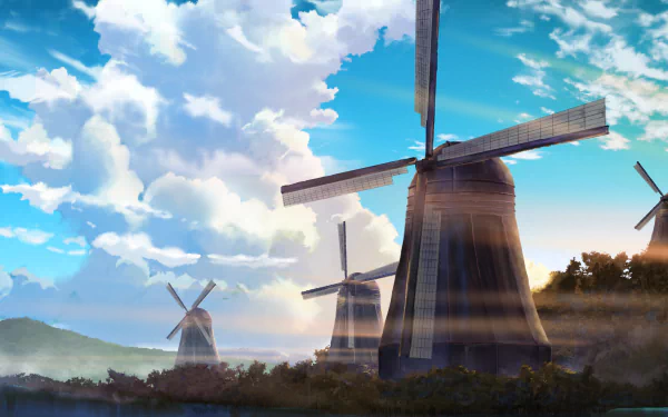 An HD anime-style wallpaper featuring windmills against a bright sky with fluffy clouds. The serene scene blends nature and machinery, creating a peaceful background.