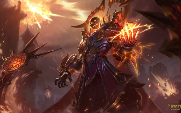 Olorun from Smite depicted in fiery armor, radiating power against a dark, apocalyptic background in a 4K Ultra HD video game desktop wallpaper.