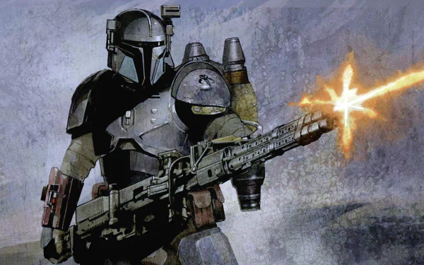 HD PC desktop wallpaper depicting The Mandalorian from the TV show, firing a large weapon against a smoky backdrop.