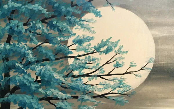 HD artistic painting of a full moon glowing behind tree branches with blue-green leaves, designed as a PC desktop wallpaper and background.