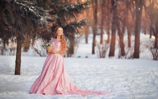 Women Model Winter Smile Long Hair Blonde Depth Of Field Pink Dress HD Wallpaper | Background Image