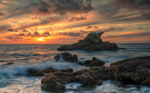 Earth Sunset Sea Ocean Rock HD Wallpaper | Background Image