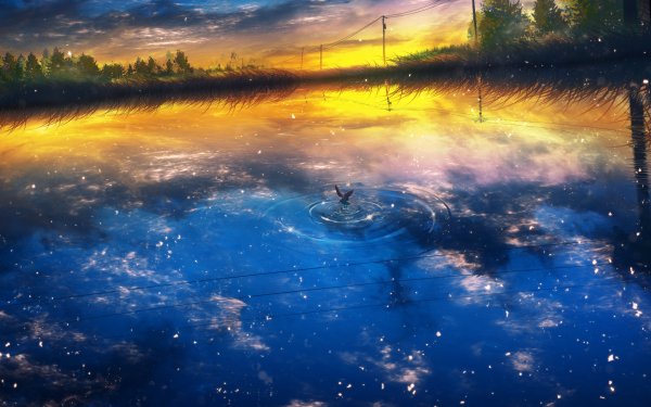 Anime Original Lake Bird Reflection Sunset HD Wallpaper | Background Image