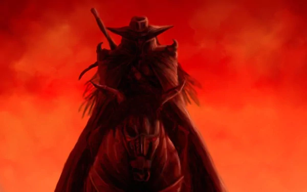 A striking HD desktop wallpaper featuring Vampire Hunter D, depicted as a shadowy figure on horseback against a dramatic red background.