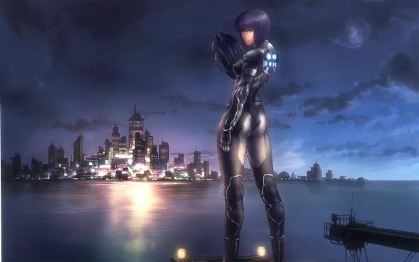 A futuristic warrior stands confidently in front of a vibrant city skyline, inspired by *Ghost in the Shell*, set against a dramatic twilight backdrop. HD desktop wallpaper.