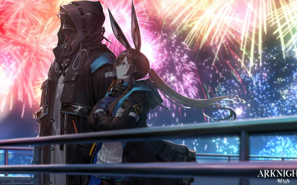HD desktop wallpaper featuring Doctor and Amiya from the video game Arknights, with a backdrop of colorful fireworks.
