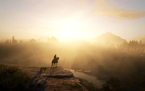 4K Ultra HD Red Dead Redemption 2 PC wallpaper showing a lone rider on horseback overlooking a misty valley at sunrise.