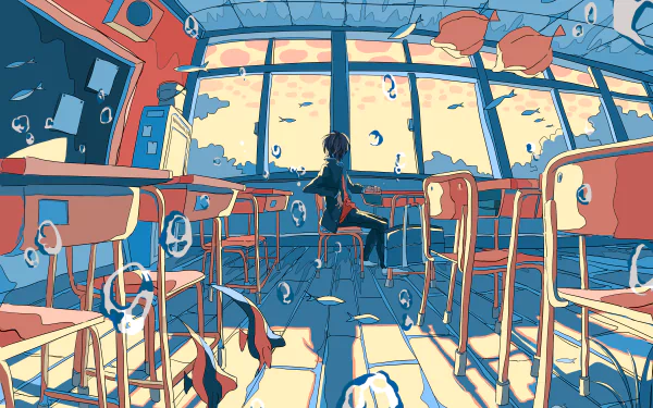 Anime-style 4K Ultra HD wallpaper of an original classroom scene with chairs and floating fish, viewed through large windows with vibrant sunlight.
