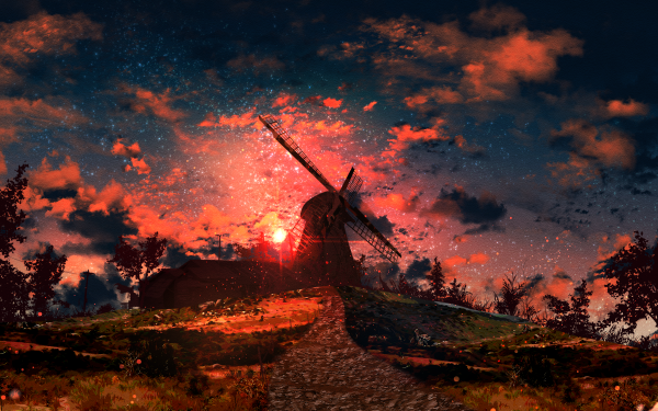 Anime Sunset Windmill Sky HD Wallpaper | Background Image